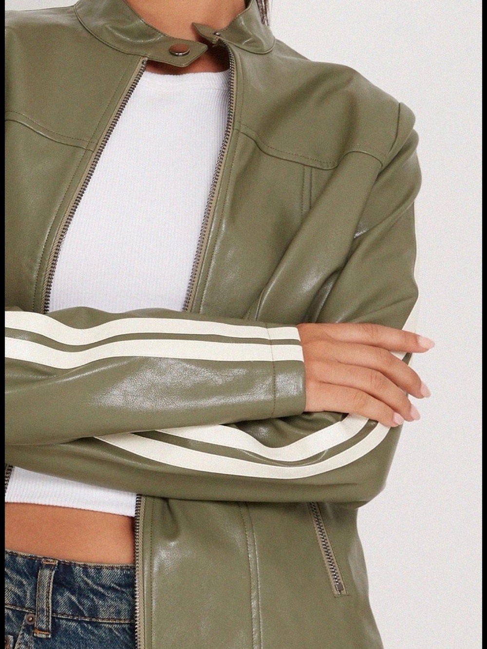 Motel Rocks Olive Green Faux Leather Jacket with Cream Stripes